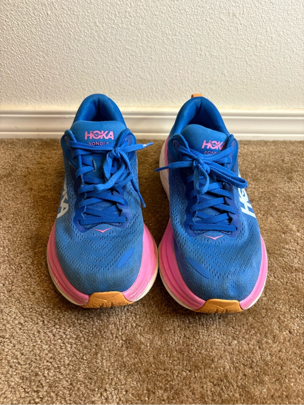 Hoka One One Womens Bondi Running Shoes — Blue with Pink and Orange